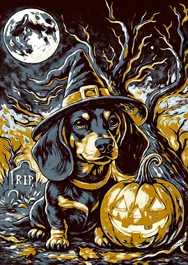 Dachshund Witch Halloween Art
