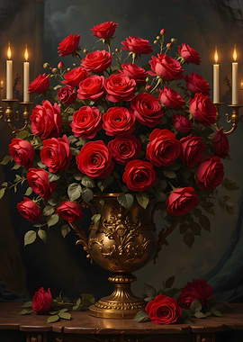 Red Roses in Golden Vase Still Life