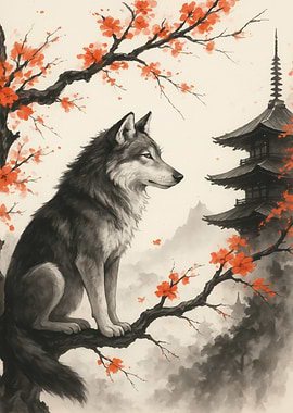 Wolf in Japanese Landscape with Pagoda