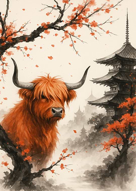 Highland Cow in Japanese Landscape