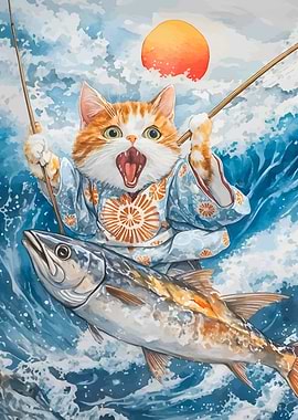 Cat Fisherman with Big Catch