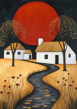 Rural Landscape with Red Sun Painting