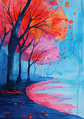 Watercolor Autumn Landscape with Red Trees