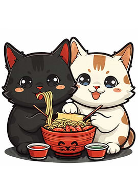 Two Cute Cats Eating Ramen