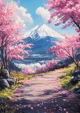 Cherry Blossoms and Mountain Landscape