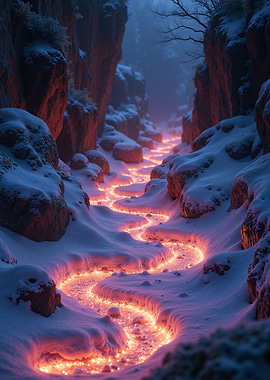 Glowing River Through Snowy Canyon