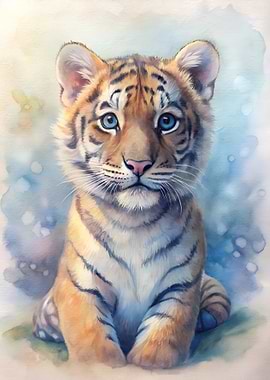 Watercolor Painting of a Tiger Cub