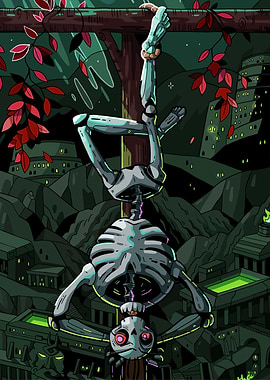 Hanged Skeleton in Fantasy Cityscape