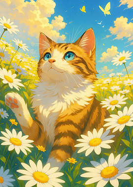 Cat in Daisy Field