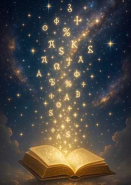 Fantasy Open Book with Floating Symbols