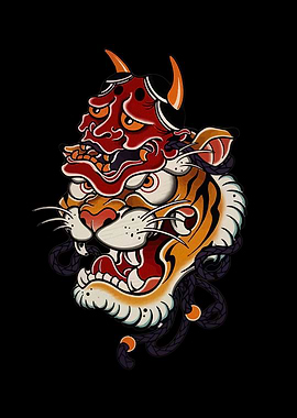Tiger and Oni Mask Tattoo Design