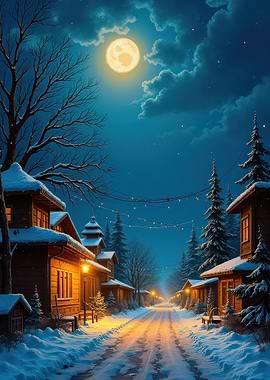 Winter Village Night Scene