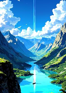 Mountain Lake with Sailboat and Light Beam