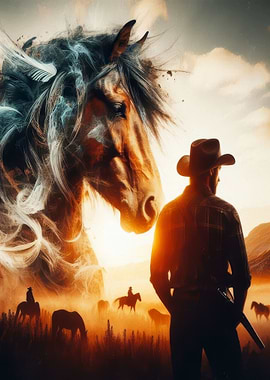 Cowboy and Horse in Golden Light