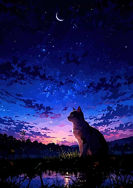 Cat Gazing at Night Sky