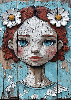 Girl with Daisies on Wood Panel