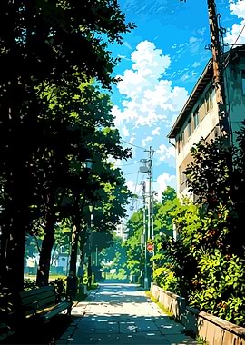 Anime-style street with trees and sky