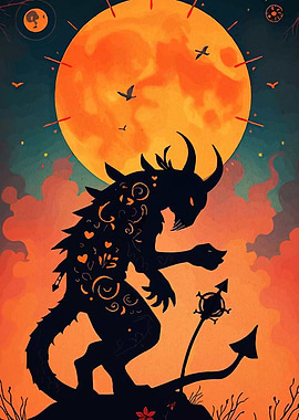 Halloween Monster Silhouette with Orange Moon