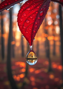 Red Leaf with Water Droplet Reflection