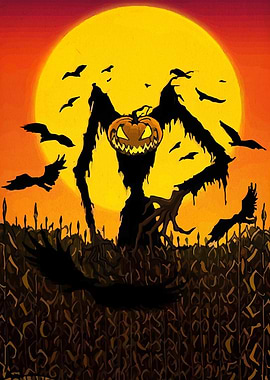 Halloween Pumpkin Scarecrow in Cornfield