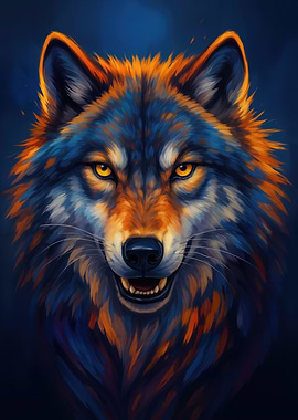 Staring Wolf Portrait with Blue and Orange Fur