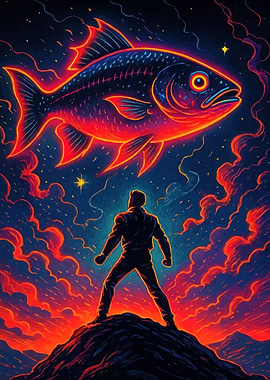 Man and Glowing Fish in Night Sky