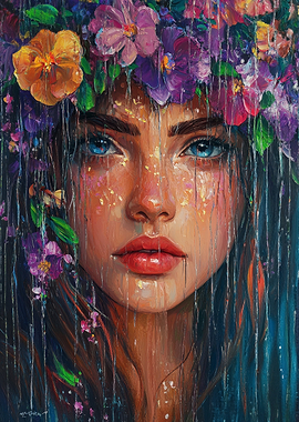 Floral Crowned Woman in Rain Painting