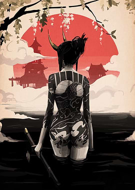 Horned Woman with Tattoos in Water