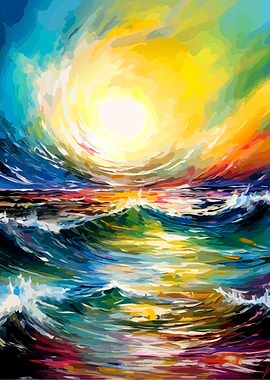 Colorful Ocean Waves Painting with Sunlight