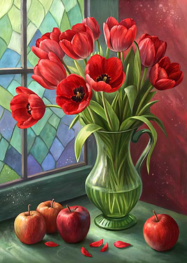 Vibrant Red Tulips with Fresh Apples: Artistic Still Life