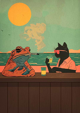 Frog and Cat at Beach Bar