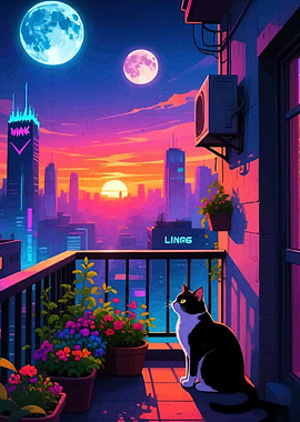 Cat on Balcony at Sunset Cityscape