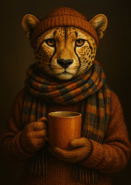 Cozy Cheetah with Coffee