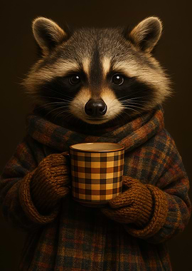 Cozy Raccoon with Coffee