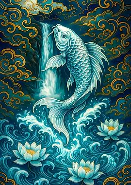 Koi Fish Waterfall Lotus Flowers Art