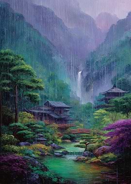Rainy Japanese Garden Pagodas