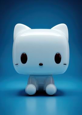 Cute White Cat Figurine on Blue