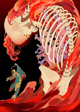 Surreal Japanese Art with Skeleton and Woman