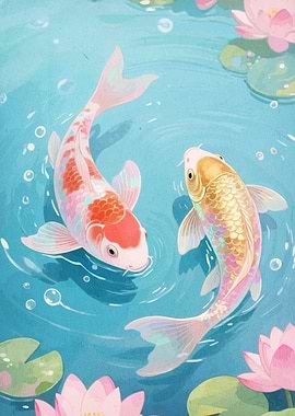 Koi Fish in Pond with Lilies