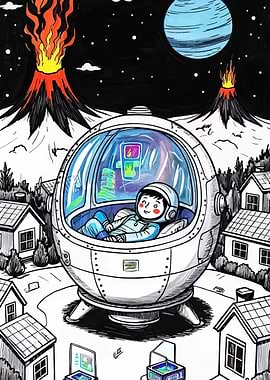 Astronaut in Pod with Volcanic Backdrop