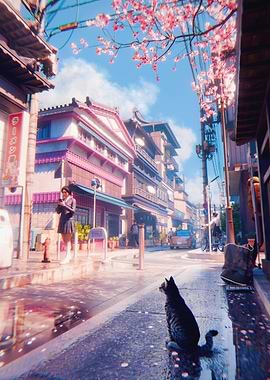 Japanese Street Scene with Cherry Blossoms