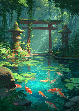 Koi Pond Forest Kami Shrine