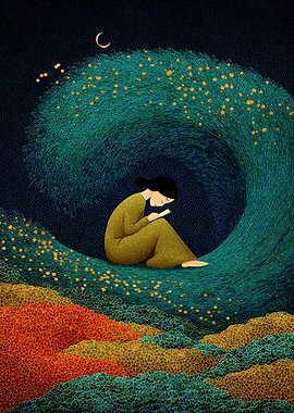 Woman Reading Under Crescent Moon Art