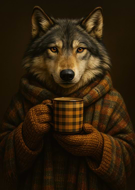 Wolf in Plaid with Coffee Mug