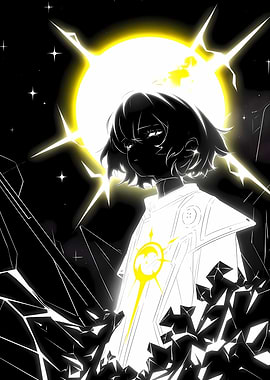 Monochrome Anime Character with Solar Symbol