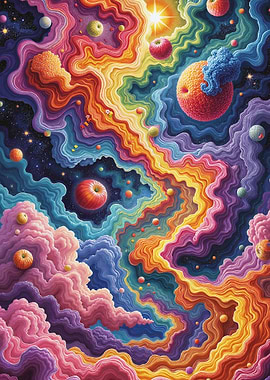 Colorful Abstract Space with Fruit Planets