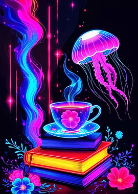 Neon Tea Cup with Jellyfish