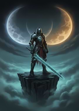 Knight with Glowing Sword on Cliff