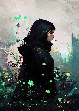 Hooded Figure in a Mystical Garden