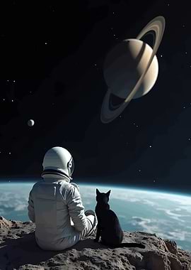 Astronaut and Cat Gazing at Saturn